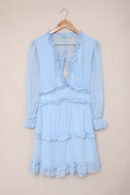 Load image into Gallery viewer, Layered Ruffled Open Back Puff Sleeve Swiss Dot Mini Dress