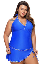 Load image into Gallery viewer, Contrast Trim Royal Blue Halter Tankini Skort Swimsuit
