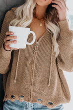 Load image into Gallery viewer, Khaki Zipper V-neck Dropped Sleeve Hooded Solid Sweater