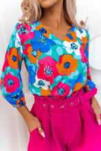 Load image into Gallery viewer, Multicolor Floral Print V Neck 3/4 Sleeve Blouse
