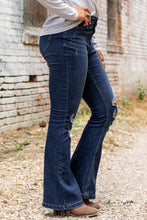 Load image into Gallery viewer, Dark Washed Distressed Flare Bottom Jeans