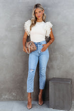 Load image into Gallery viewer, Beige Dotty Mesh Ruffle Sleeve Ribbed Knit Top