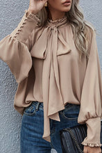 Load image into Gallery viewer, Khaki Frilled Knotted Mock Neck Bishop Sleeve Blouse