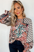 Load image into Gallery viewer, Black Black Mixed Floral Geometric Print Ruffled Long Sleeve Blouse