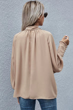 Load image into Gallery viewer, Khaki Frilled Knotted Mock Neck Bishop Sleeve Blouse