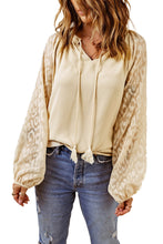 Load image into Gallery viewer, Beige Leopard Mesh Bubble Sleeve Split Neck Blouse