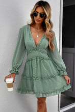 Load image into Gallery viewer, Layered Ruffled Open Back Puff Sleeve Swiss Dot Mini Dress