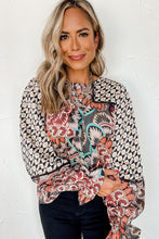 Load image into Gallery viewer, Black Black Mixed Floral Geometric Print Ruffled Long Sleeve Blouse
