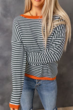 Load image into Gallery viewer, Contrast Trimmed Striped Drop Shoulder Sweater