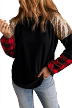 Load image into Gallery viewer, Crewneck Lantern Sleeve Plaid Sequin Splicing Pullover Sweatshirt