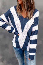Load image into Gallery viewer, Striped Colorblock V Neck Knitted Sweater
