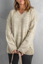 Load image into Gallery viewer, Khaki V neck Drop Shoulder Knitted Sweater