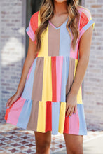 Load image into Gallery viewer, Multicolor Striped Color Block Tiered Mini Dress