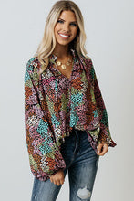 Load image into Gallery viewer, Multicolor Vibrant Floral Tie V Neck Puff Sleeve Blouse