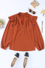Load image into Gallery viewer, Ruffled Pleated Buttoned V Neck Blouse