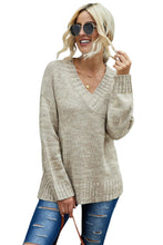 Load image into Gallery viewer, Khaki V neck Drop Shoulder Knitted Sweater