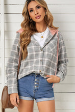Load image into Gallery viewer, Khaki Drawstring Plaid Hooded Shacket