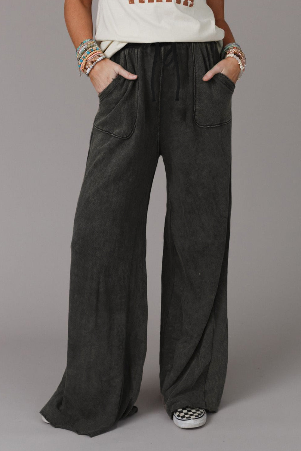 Mineral Washed  Drawstring Retro Wide Leg Pants