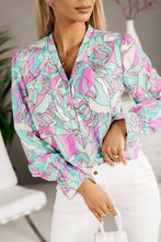 Load image into Gallery viewer, Purple Floral Printed Ruffle Lapel V Neck Shirt
