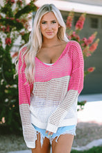 Load image into Gallery viewer, Pink Color Block Eyelet Long Sleeve Twisted Back Knit Top
