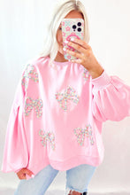 Load image into Gallery viewer, Light Pink Embroidered Bow Lantern Sleeve Oversized Pullover Sweatshirt
