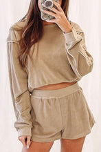 Load image into Gallery viewer, Khaki Piping Trim Long Sleeve Terry Shorts Set
