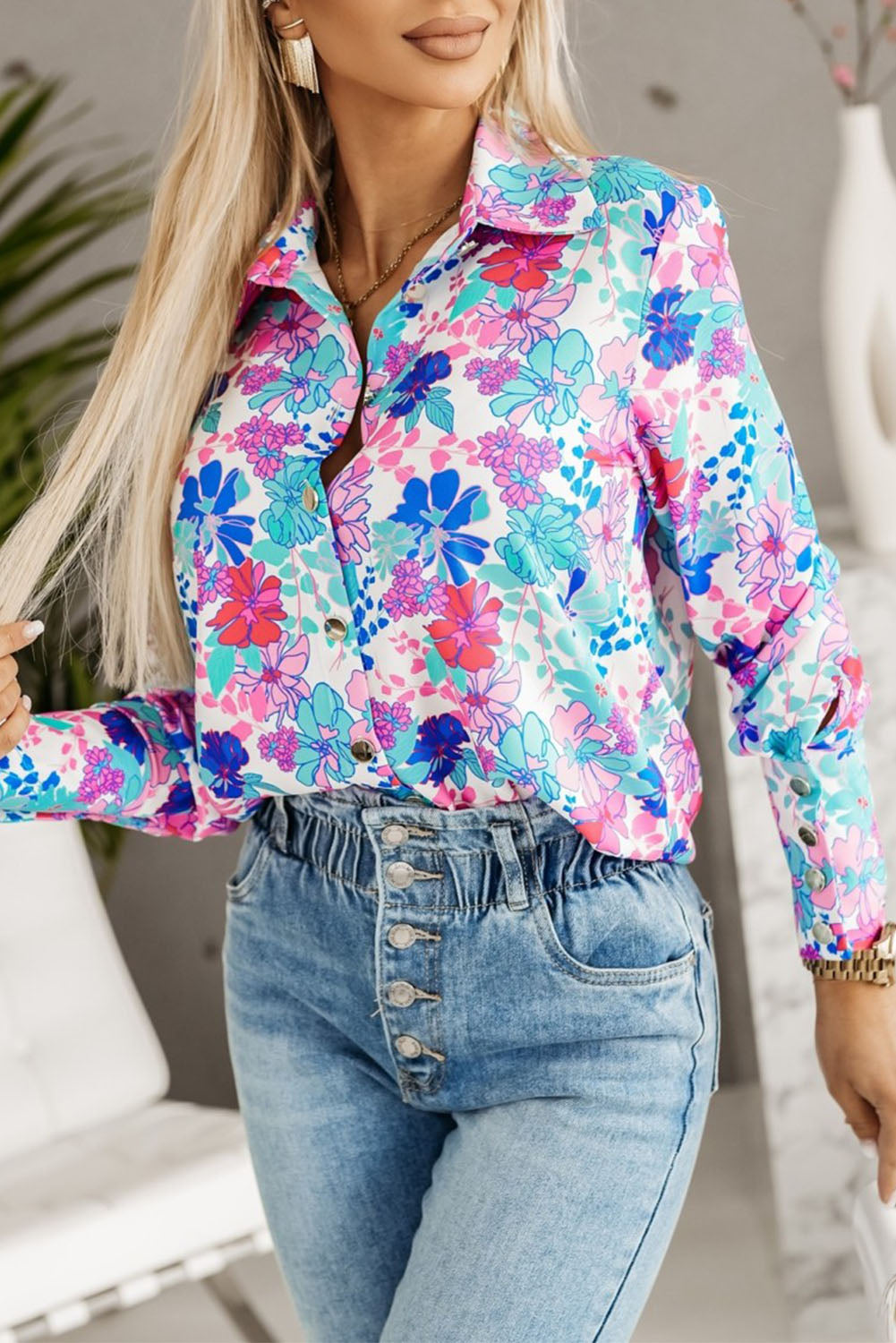 Flower Print Button-up Slim-fit Long Sleeve Shirt