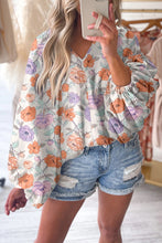 Load image into Gallery viewer, Multicolour Floral Print V Neck Puffy Lantern Sleeve Blouse
