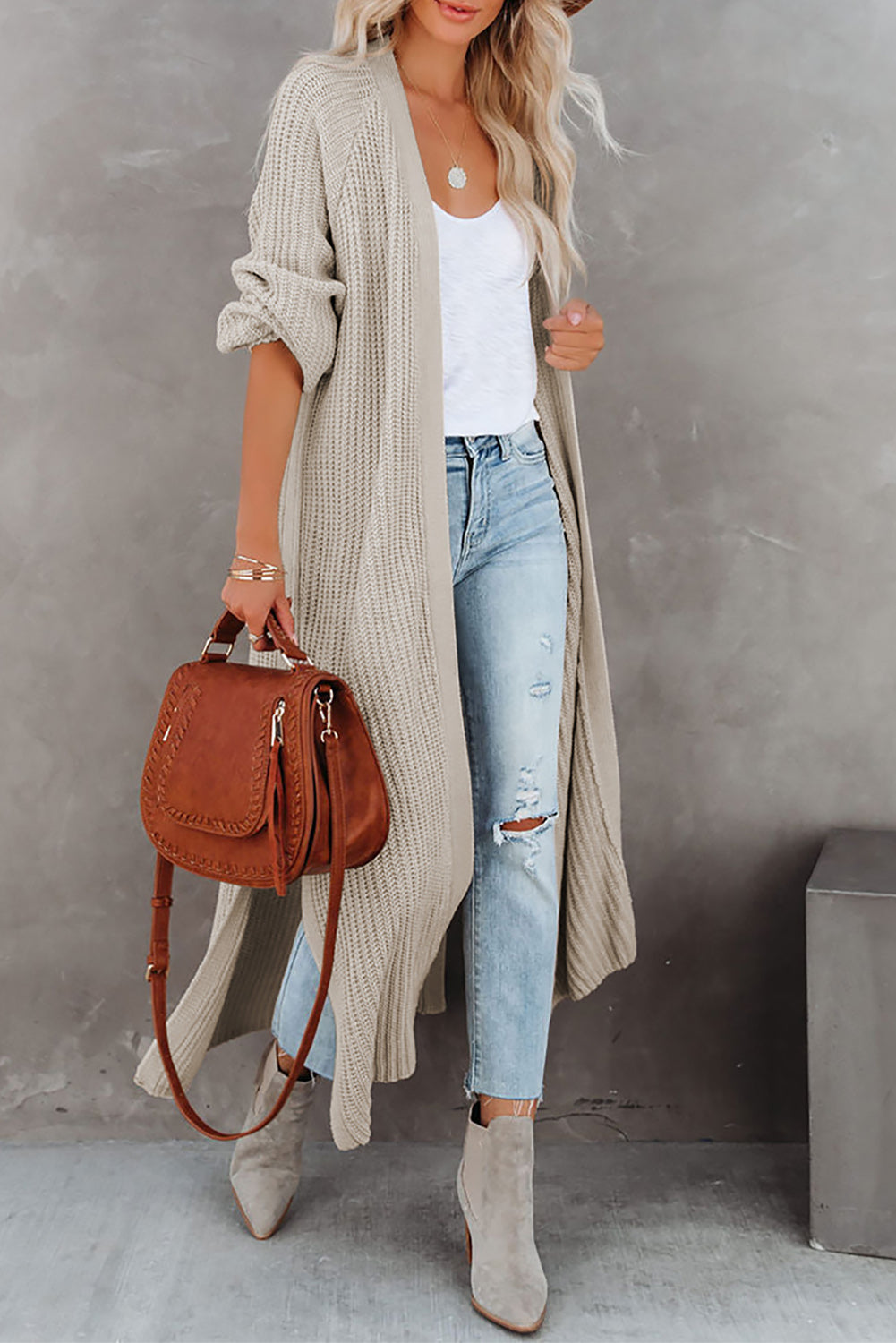 Beige Open Front Side Slit Duster Knit Cardigan