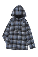 Load image into Gallery viewer, Black Plaid Button Neck Pocketed Pullover Hoodie
