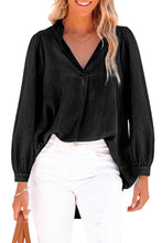 Load image into Gallery viewer, Black Split V-Neck Balloon Sleeve Ruched Denim Top
