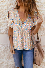 Load image into Gallery viewer, Khaki Crisscross V Neck Ruffle Sleeve Printed Flowy Blouse

