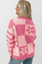 Load image into Gallery viewer, Strawberry Pink Checkered Floral Print Striped Sleeve Sweater
