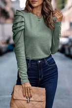 Load image into Gallery viewer, Green Buttoned Puff Long Sleeve Sheath Top
