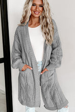 Load image into Gallery viewer, Gray Ribbed Trim Eyelet Cable Knit Cardigan
