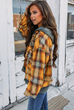 Load image into Gallery viewer, Orange Plaid Patch Hooded Frayed Snap Button Jacket
