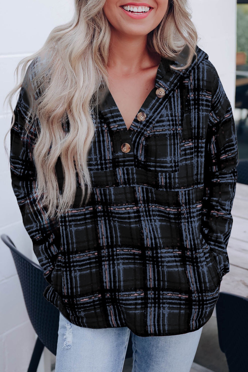 Black Plaid Button Neck Pocketed Pullover Hoodie