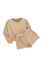 Load image into Gallery viewer, Khaki Piping Trim Long Sleeve Terry Shorts Set
