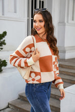 Load image into Gallery viewer, Checkered Floral Print Striped Sleeve Sweater
