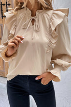 Load image into Gallery viewer, Khaki Ruffled Lace up Bubble Sleeve Blouse
