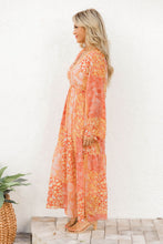 Load image into Gallery viewer, Orange Boho Floral Wrap V Neck Tie Long Sleeve Dress
