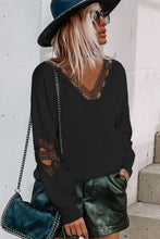 Load image into Gallery viewer, Black Hollowed Lace Splicing V Neck Loose Sweater
