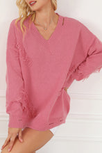 Load image into Gallery viewer, Pink Distressed Fringed Detail V Neck Baggy Sweater
