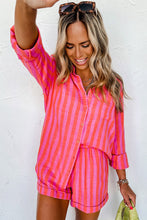 Load image into Gallery viewer, Orange Striped Print Collared Neck Shirt and Shorts Set
