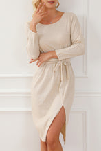 Load image into Gallery viewer, Beige Knotted Waist Side Split Open Back Midi Dress
