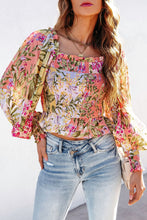 Load image into Gallery viewer, Multicolor Smocked Floral Frilled Trim Square Neck Blouse
