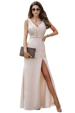 Load image into Gallery viewer, V Neck Row Pleated Waist Slit Maxi Dress
