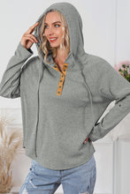 Load image into Gallery viewer, Gray Quarter Buttoned Drawstring Pullover Hoodie
