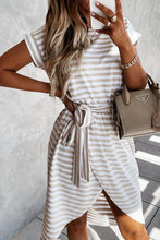 Load image into Gallery viewer, Khaki Stripe Short Sleeve Belted Wrapped Hemline T-Shirt Dress
