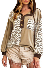 Load image into Gallery viewer, Brown Leopard Print Colorblock Chest Pocket Henley Hoodie
